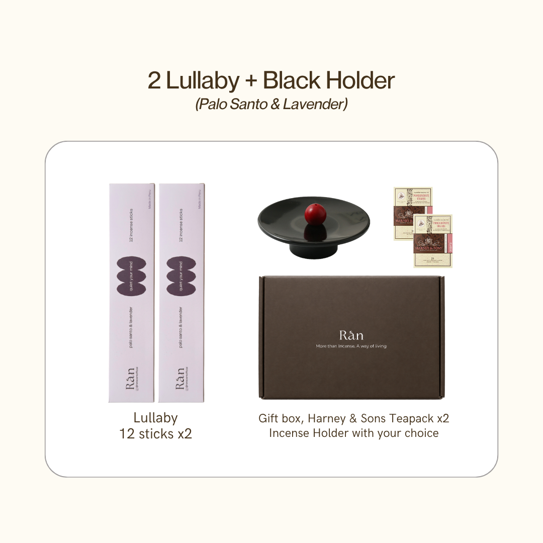 Gift box with 2 Lullaby palo santo & lavender incense and black holder