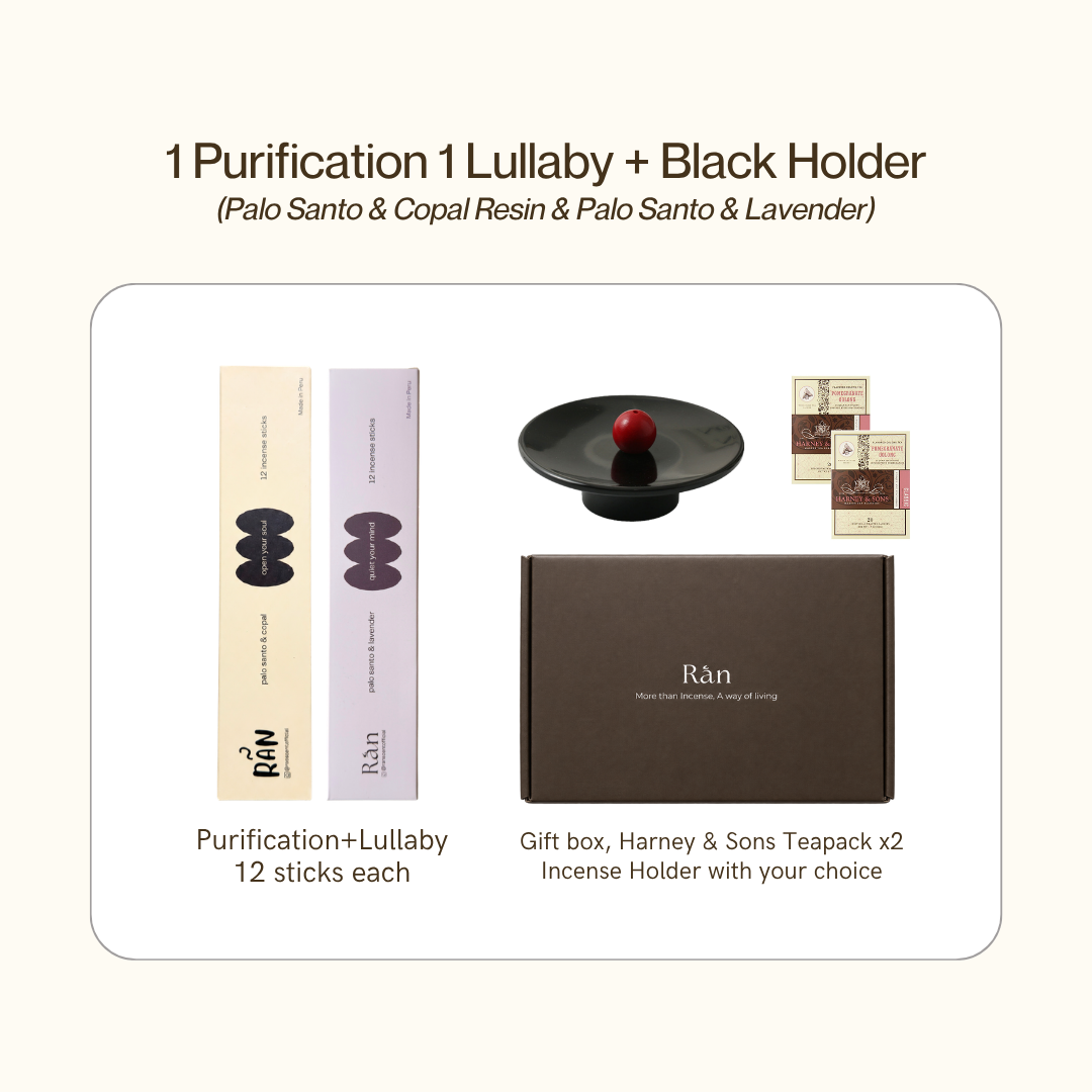 Gift box with Purification and Lullaby palo santo incense and black holder