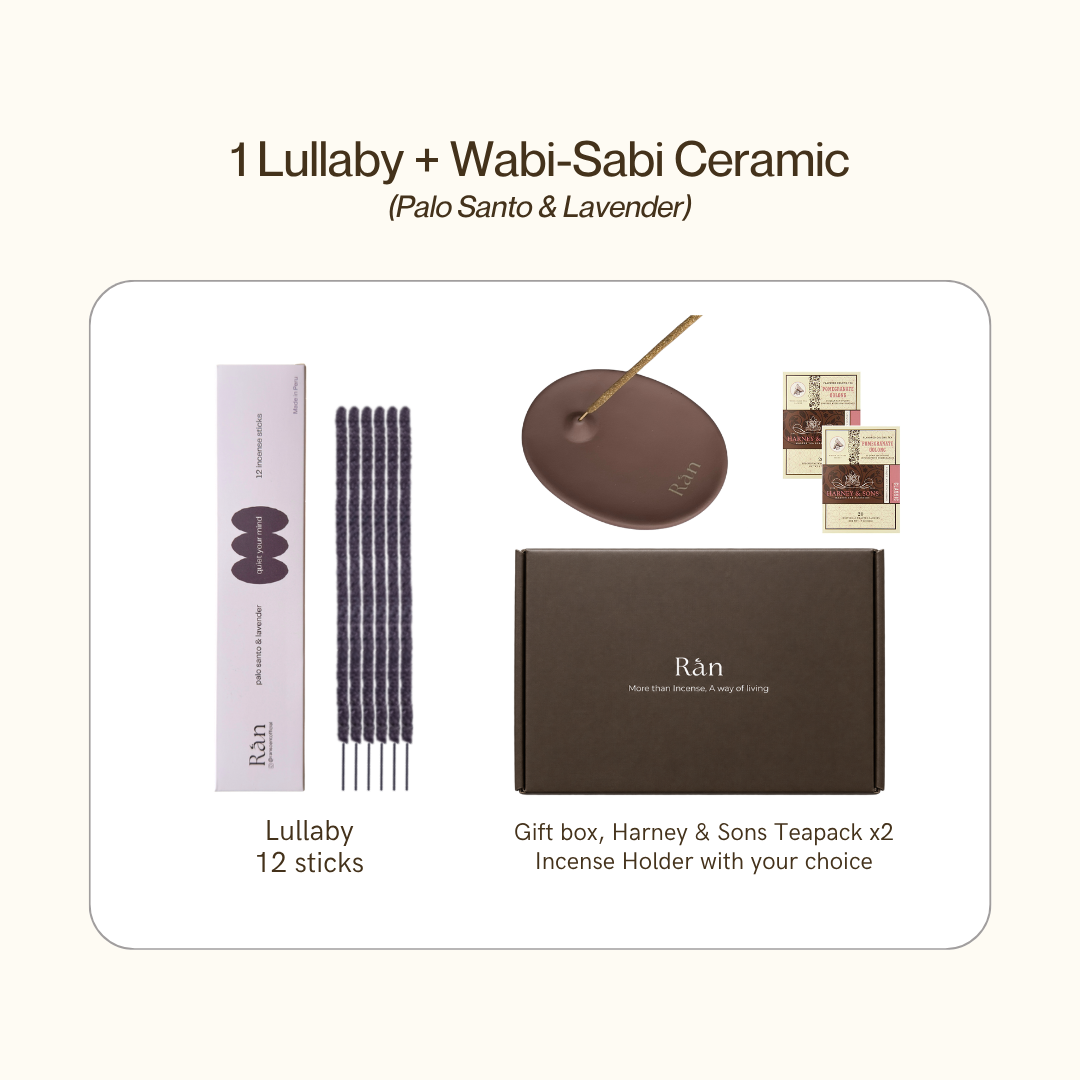 Gift box with 1 Lullaby palo santo & lavender incense and wabi-sabi ceramic holder