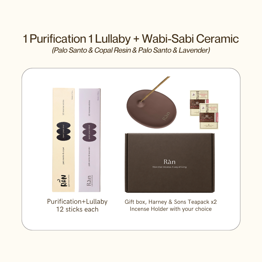 Gift box with Purification and Lullaby palo santo incense and wabi-sabi ceramic holder