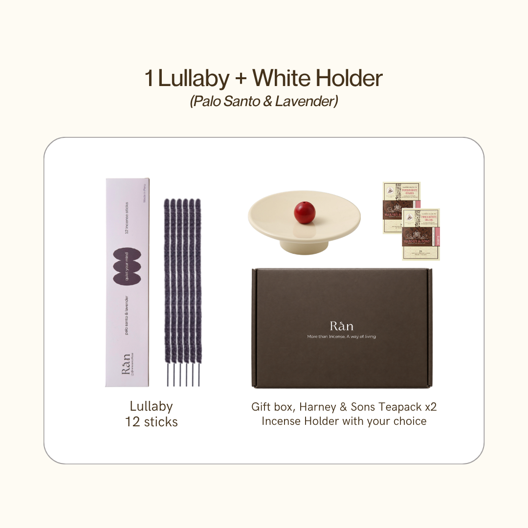 Gift box with 1 Lullaby palo santo & lavender incense and white holder