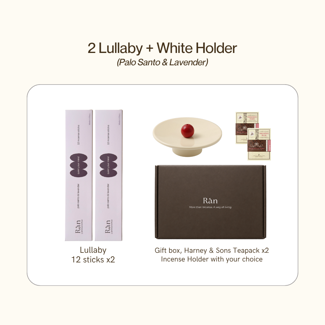 Gift box with 2 Lullaby palo santo & lavender incense and white holder