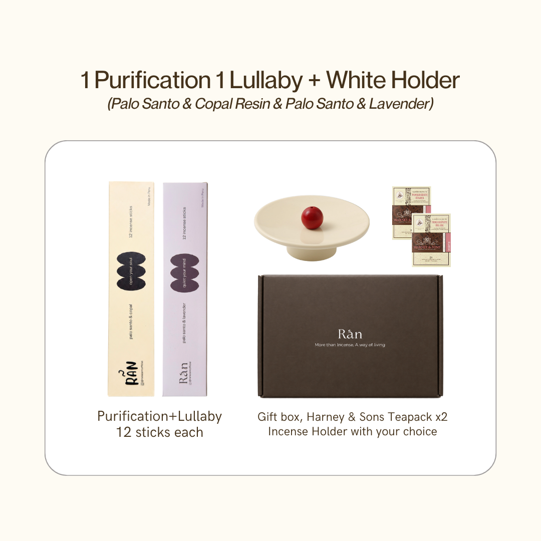 Gift box with Purification and Lullaby palo santo incense and white holder