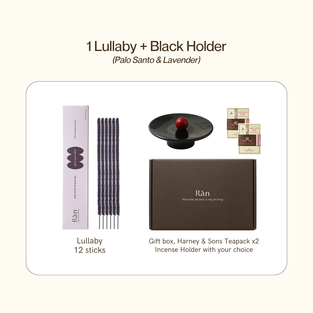 Gift box with 1 Lullaby palo santo & lavender incense and black holder